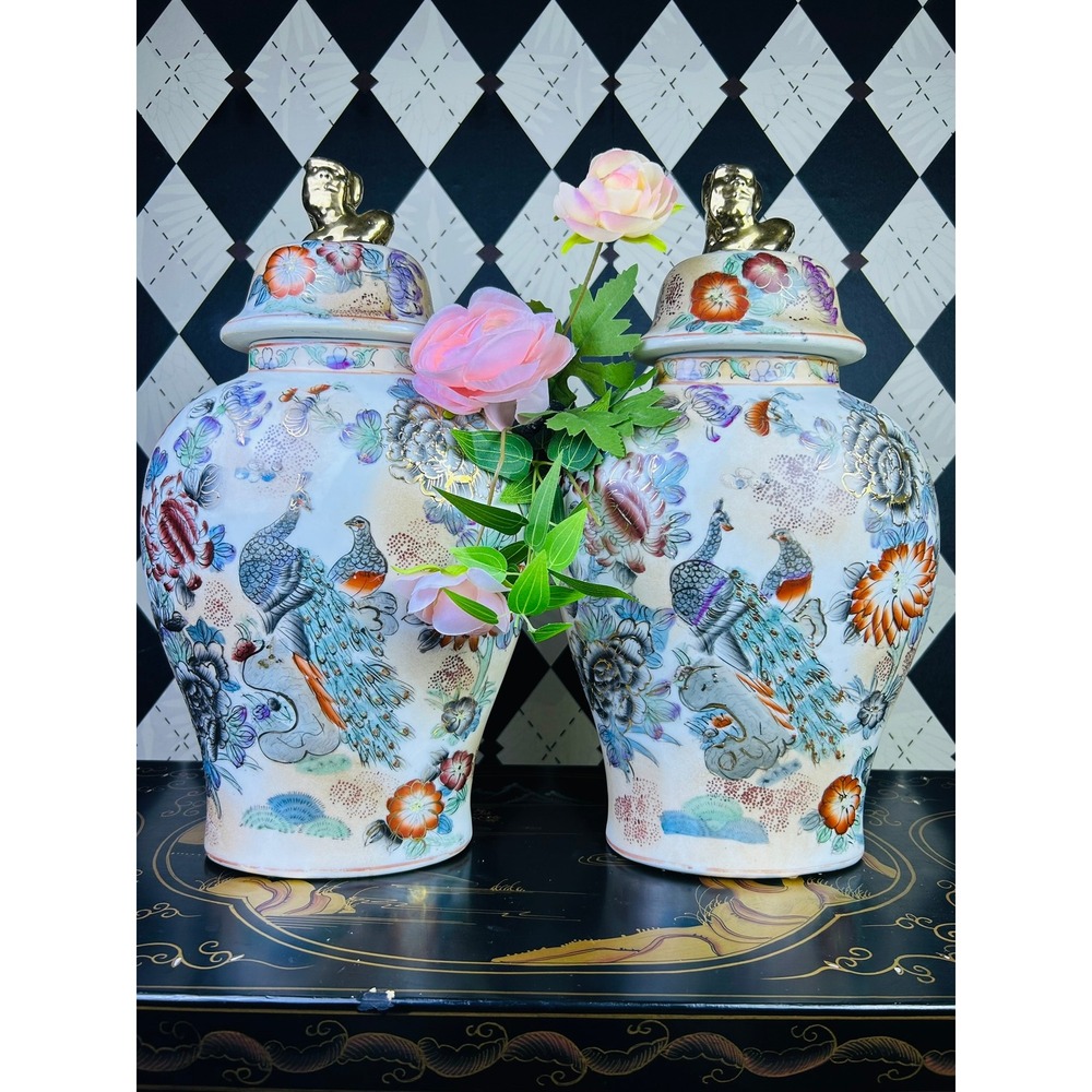 Vintage Chinoiserie Peacock Ginger Jars Gold Foo Dog Lid Pair 15.5" - Picture 15 of 17